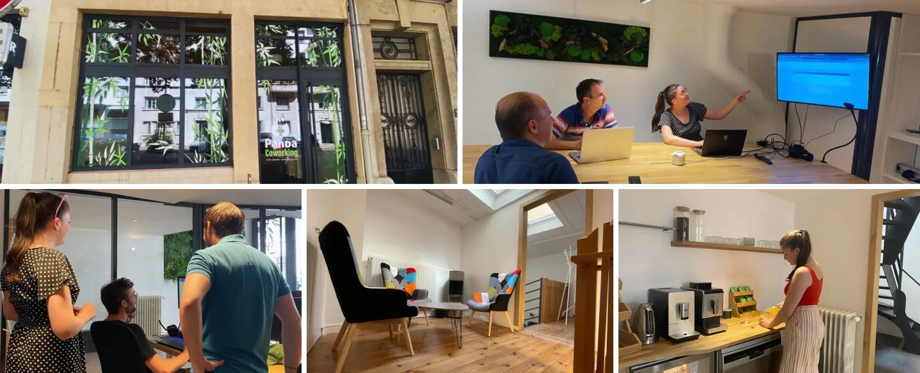 Panda Coworking: shopfront, meeting room, open space, lounge and kitchen